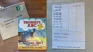 Livro infantil que retornou à biblioteca no Reino Unido e cartão de empréstimo - Reprodução/Facebook/Crediton Library