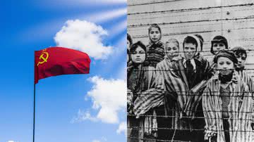 Bandeira da URSS e judeus do campo de concentração de Auschwitz - Getty Imagens