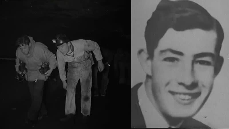 Homens durante tentativa de resgate do jovem Neil Moss (à direita) - Divulgação/vídeo/Youtube/British Pathé