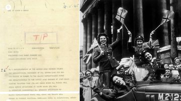Documento divulgado pelo GCHQ; comemorações em Londres durante o Dia da Vitória - Divulgação/GCHQ; Getty Images