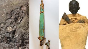 Esqueleto de Xingyi_EN, espada celta e múmia de Tutmés II - Divulgação/Instituto de Relíquias Culturais e Arqueologia de Yunnan / Divulgação/Inrap/Flore Giraud / Divulgação/Museu Nacional da Civilização Egípcia
